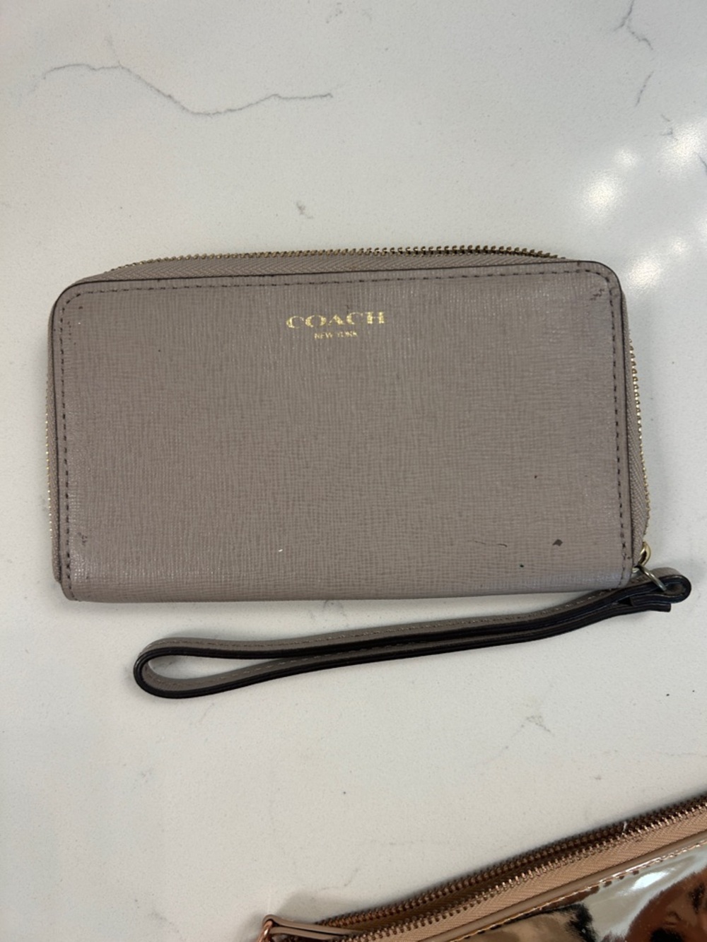 Coach Taupe Zip-Around Wristlet Wallet with Black Strap
